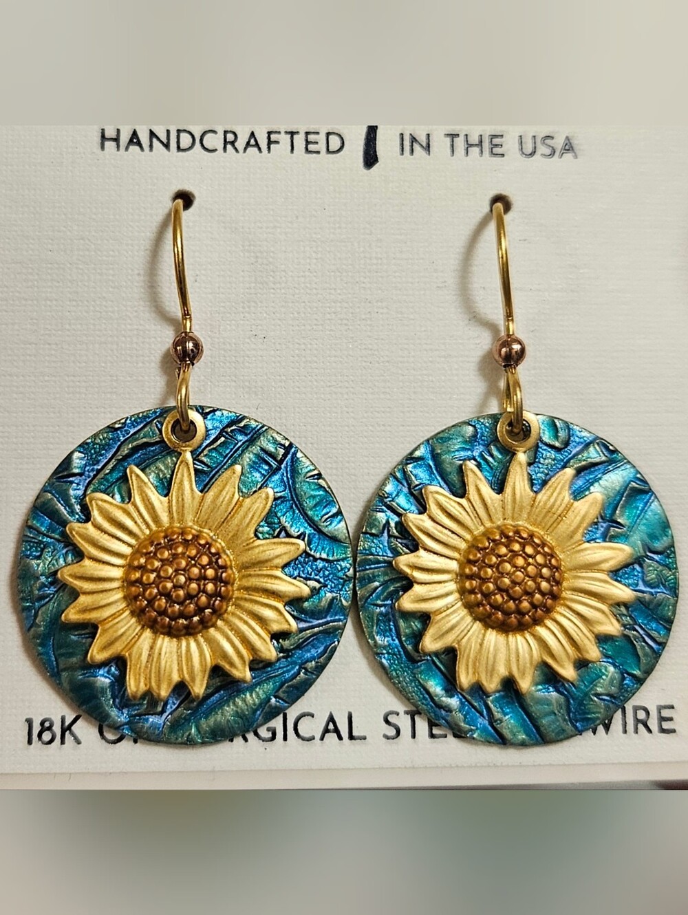 SILVER FOREST 18K ON SURGICAL STEEL BLUE & YELLOW SUNFLOWER EARRINGS - Picture 3 of 8